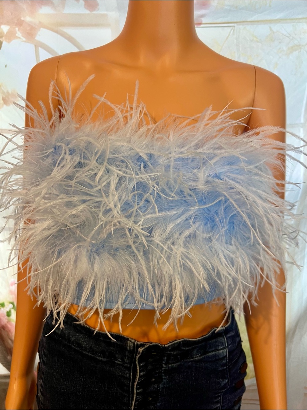 Fashion Nova Light Blue Feather Trim Strapless Tube Top - Picture 2 of 5